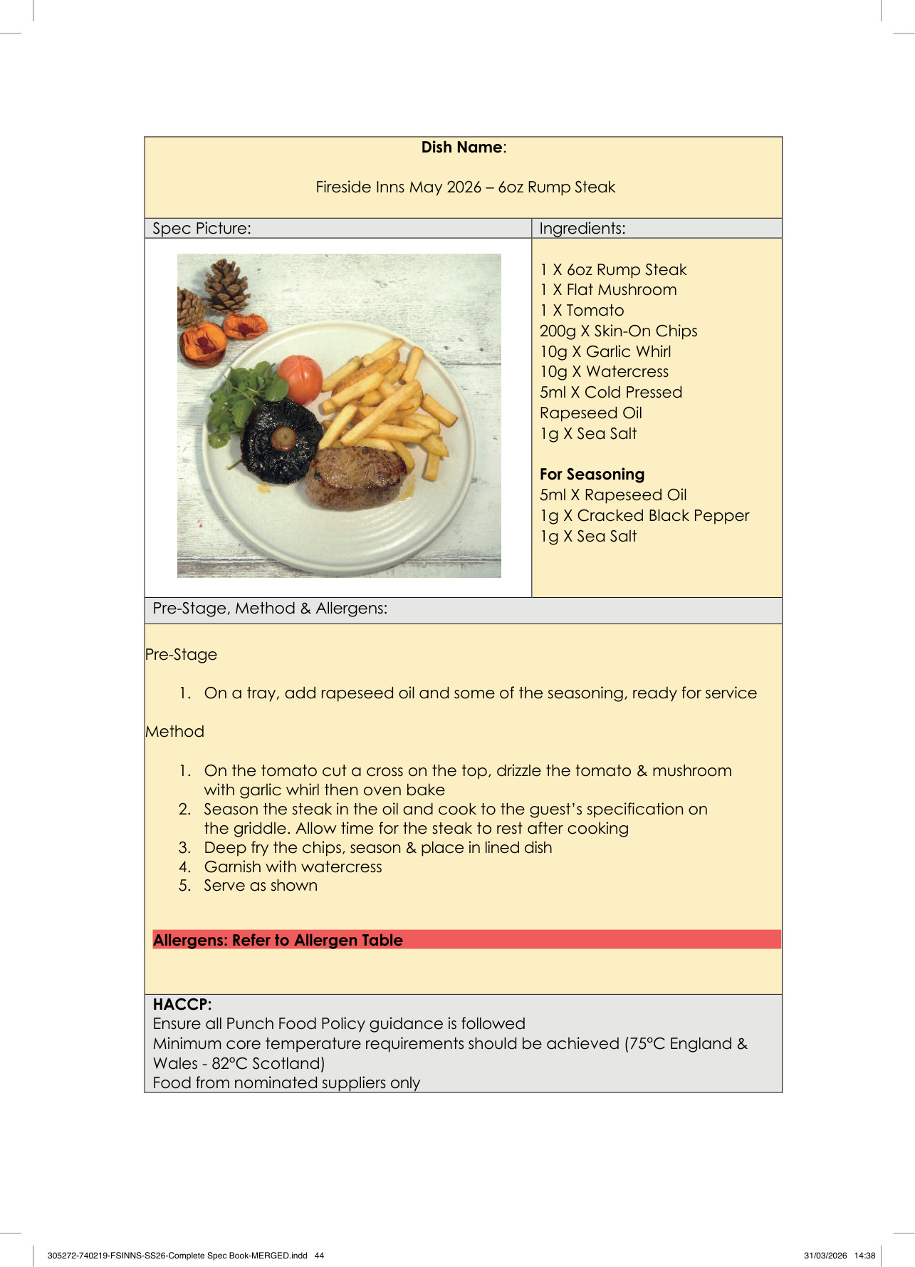 6oz Rump Steak spec sheet
