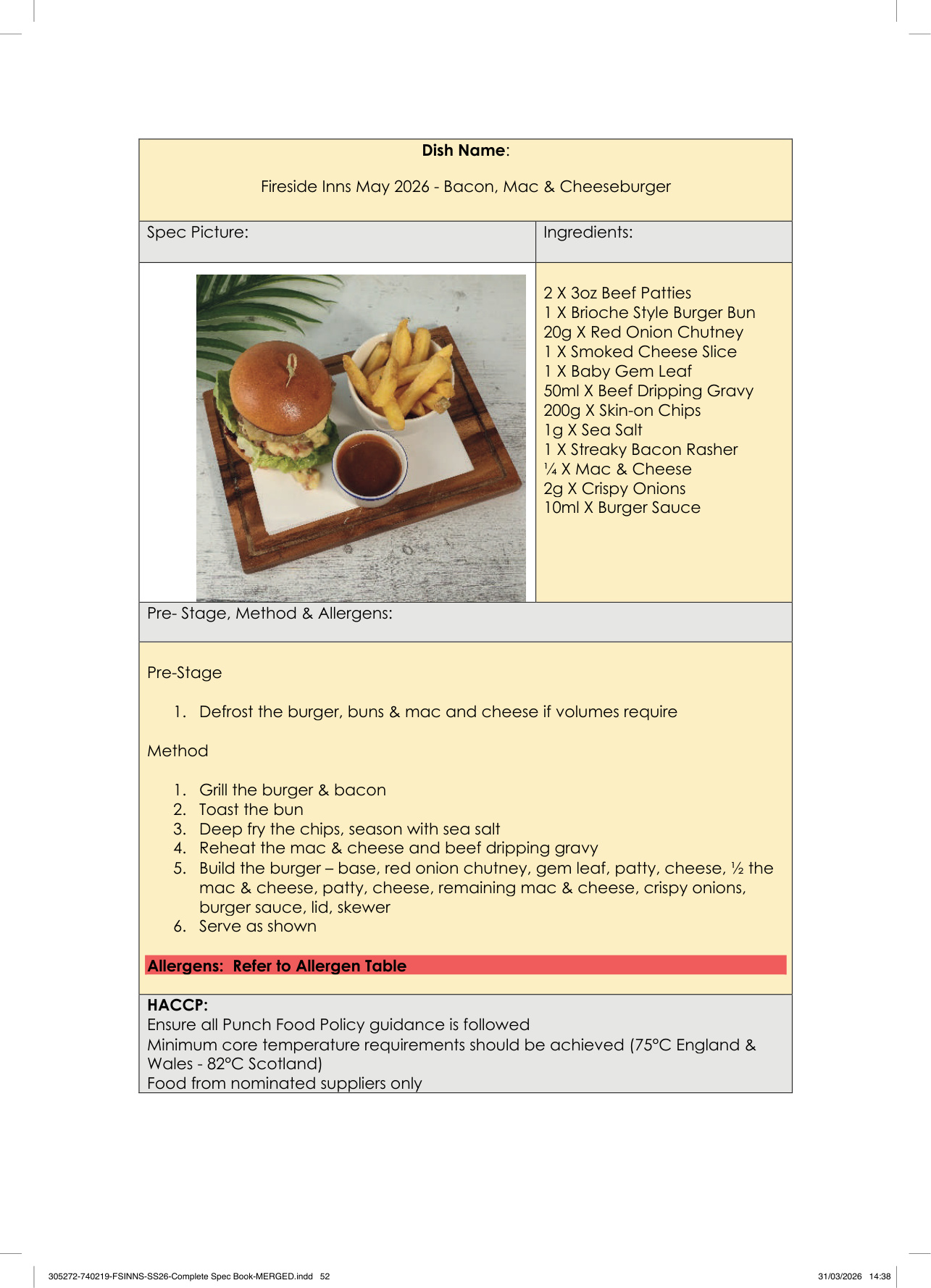 Bacon, Mac & Cheeseburger spec sheet