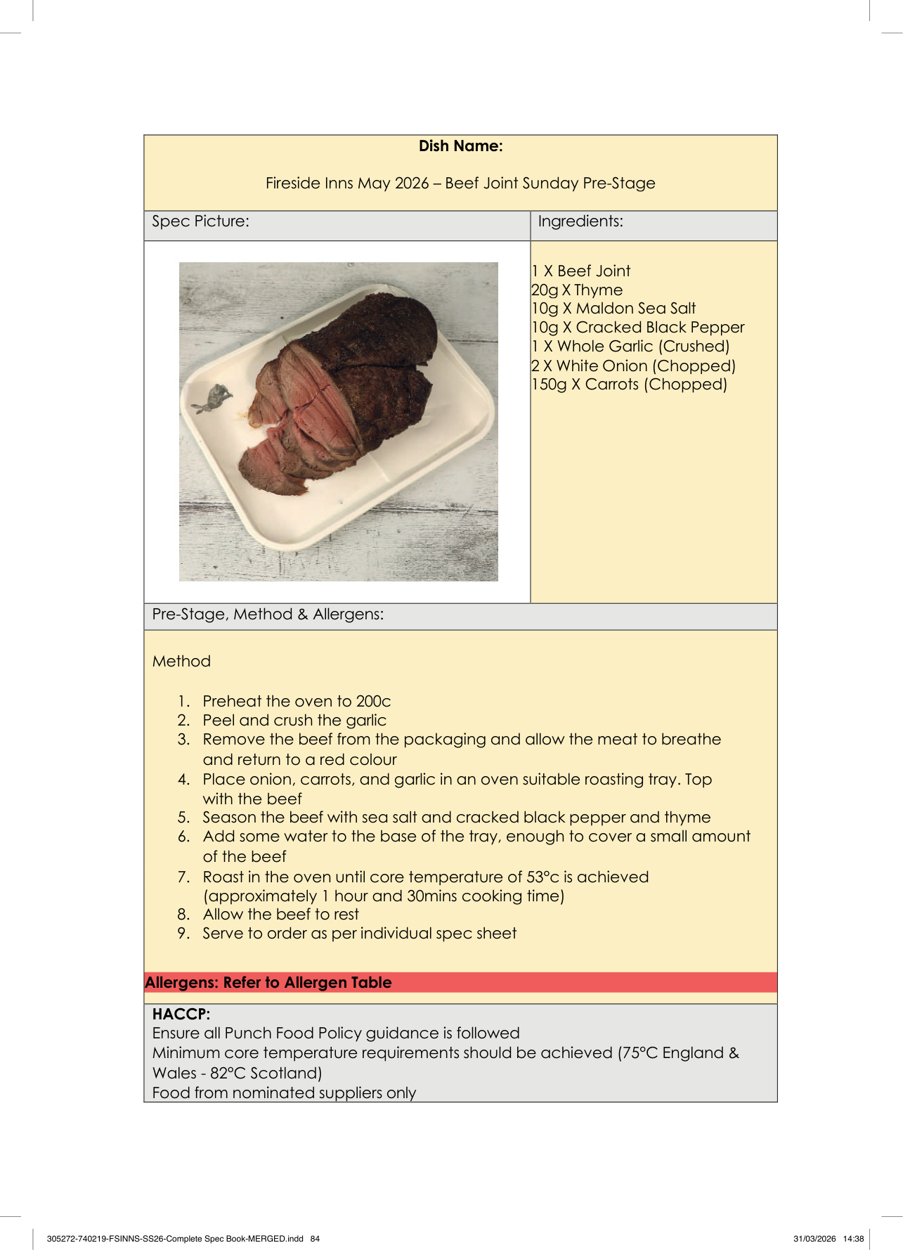 Beef Joint Sunday Pre-Stage spec sheet