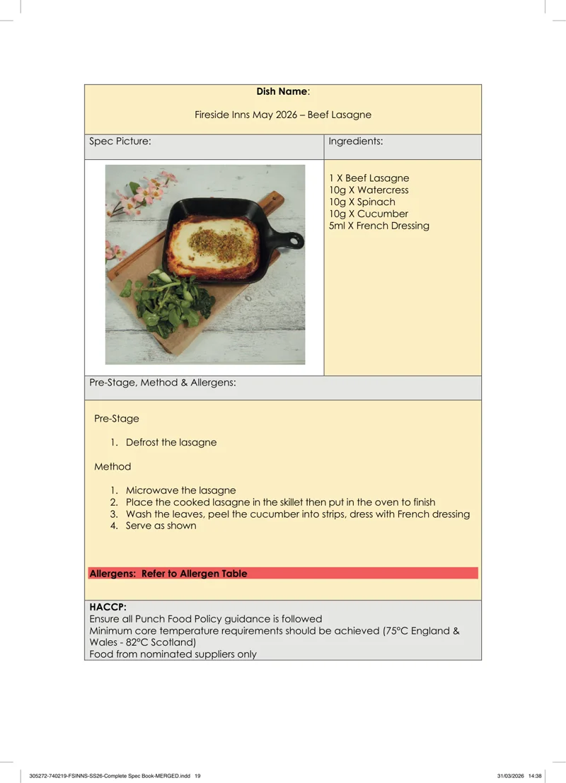 Beef Lasagne spec sheet