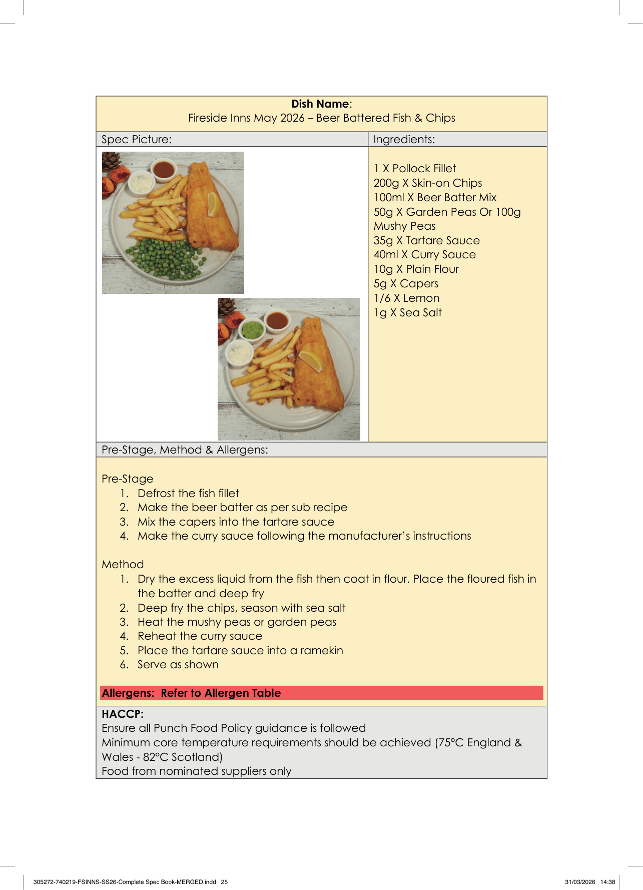 Beer Battered Fish & Chips spec sheet