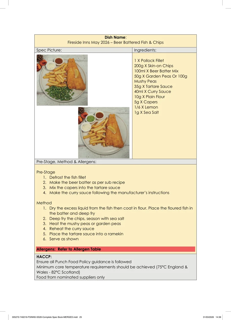 Beer Battered Fish & Chips spec sheet