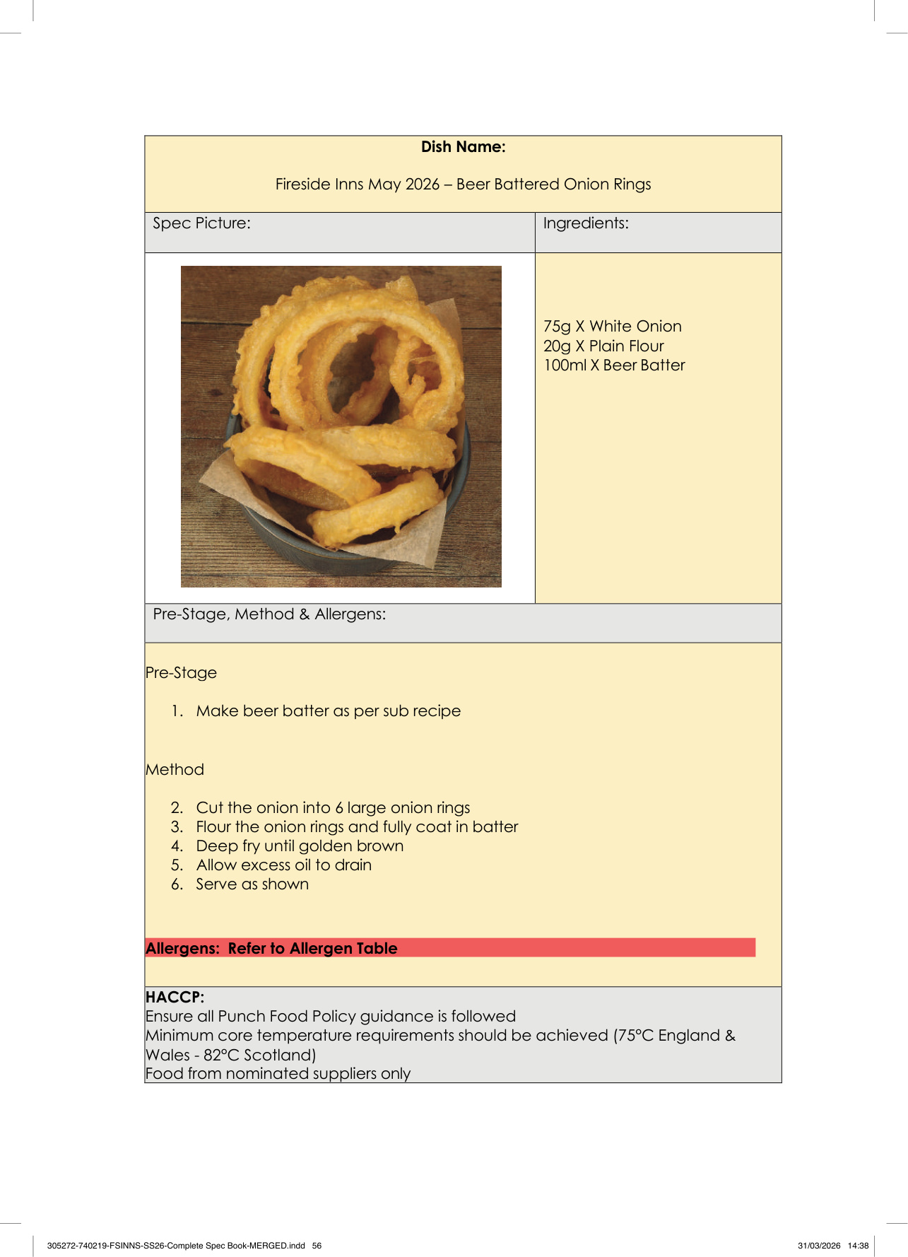 Beer Battered Onion Rings spec sheet