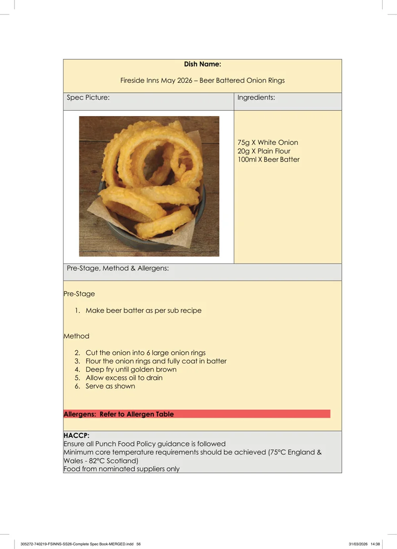 Beer Battered Onion Rings spec sheet