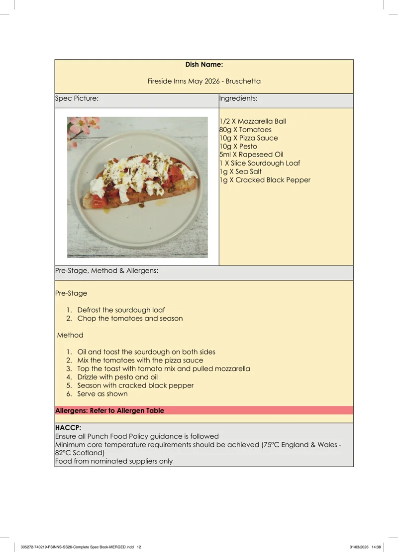 Bruschetta spec sheet