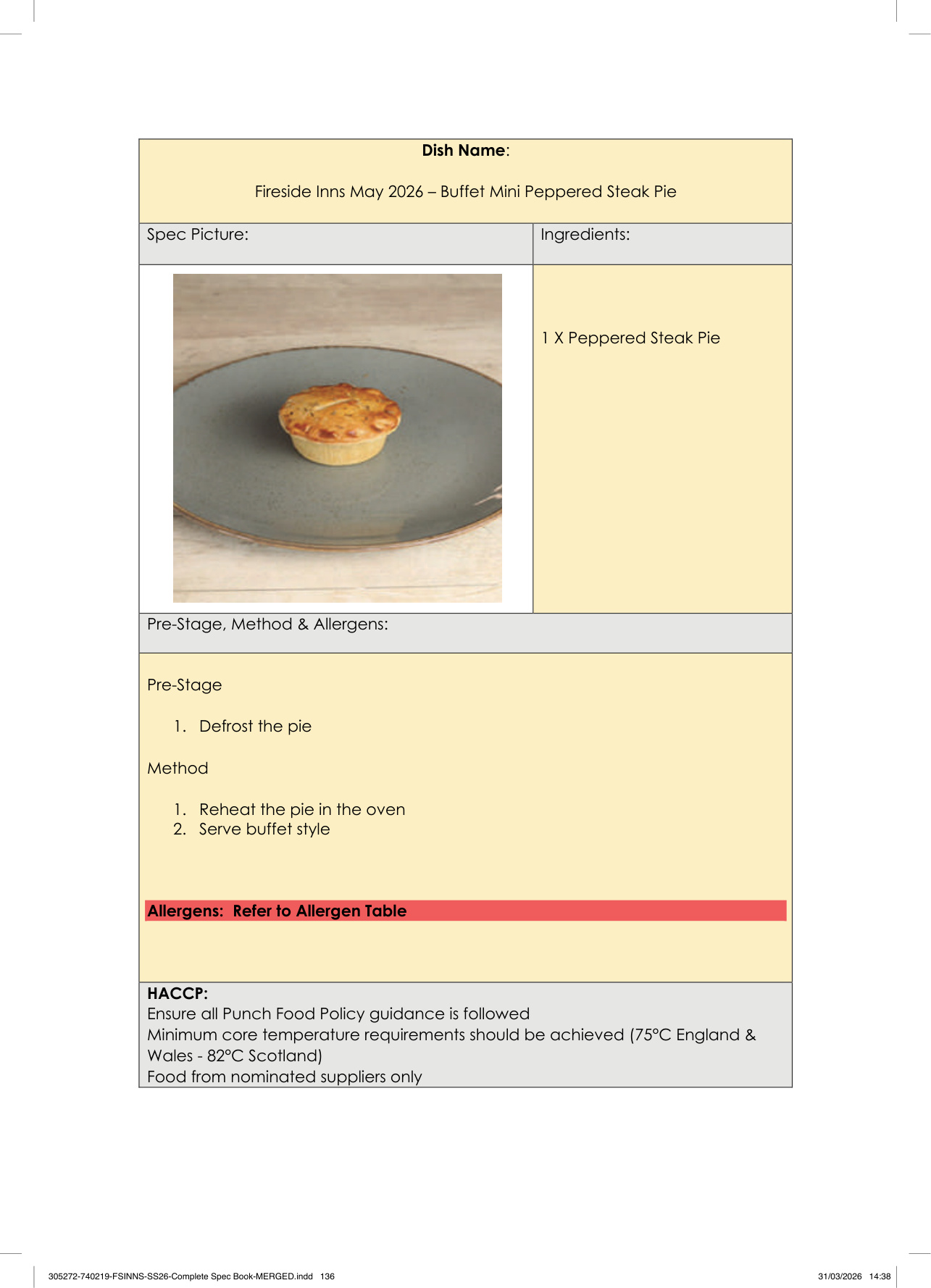 Buffet Mini Peppered Steak Pie spec sheet