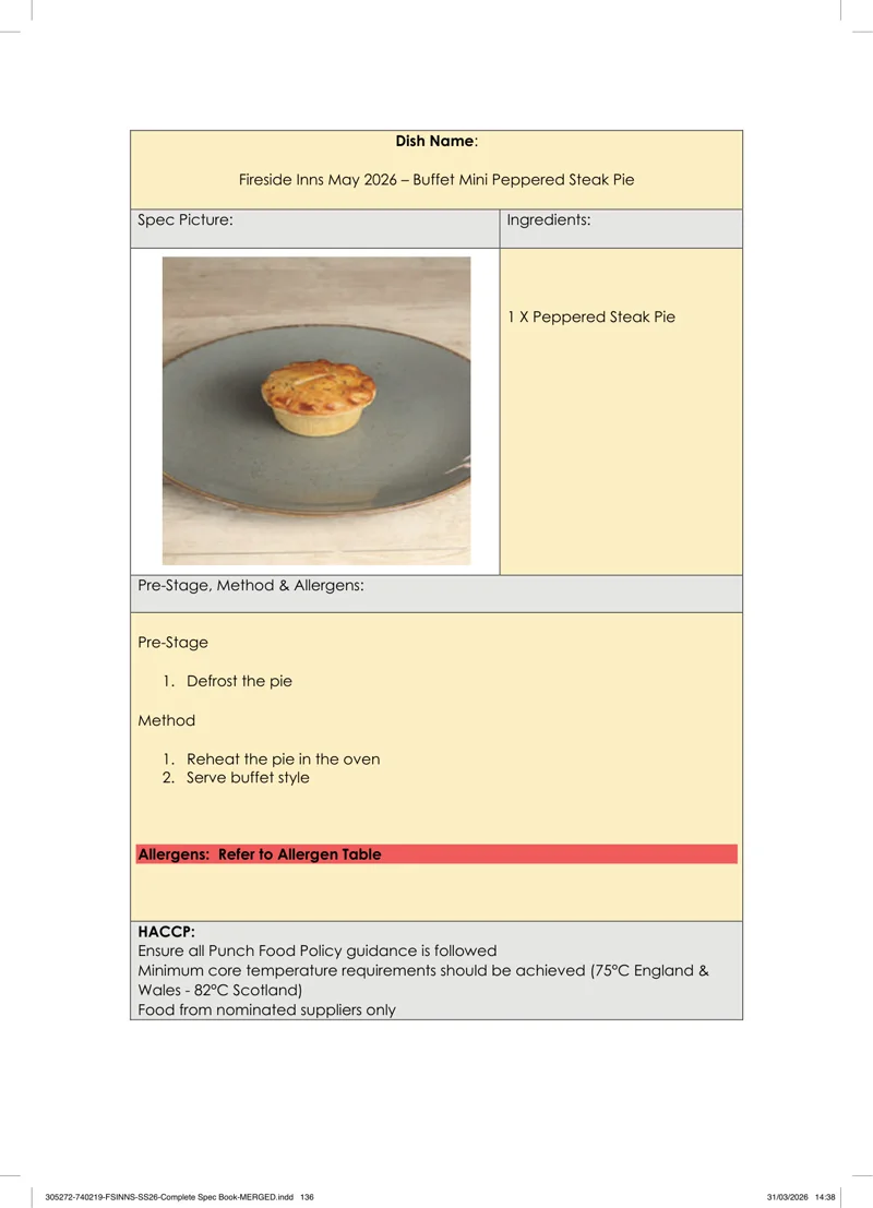 Buffet Mini Peppered Steak Pie spec sheet