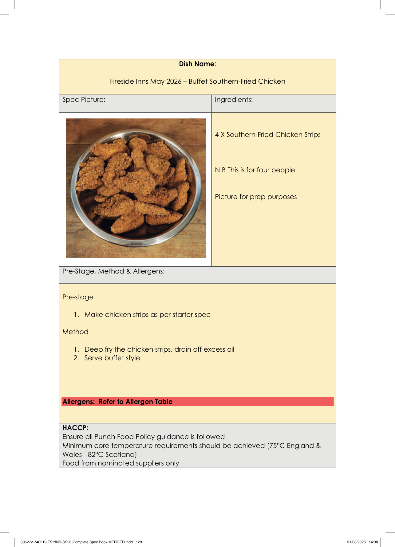 Buffet Southern-Fried Chicken spec sheet