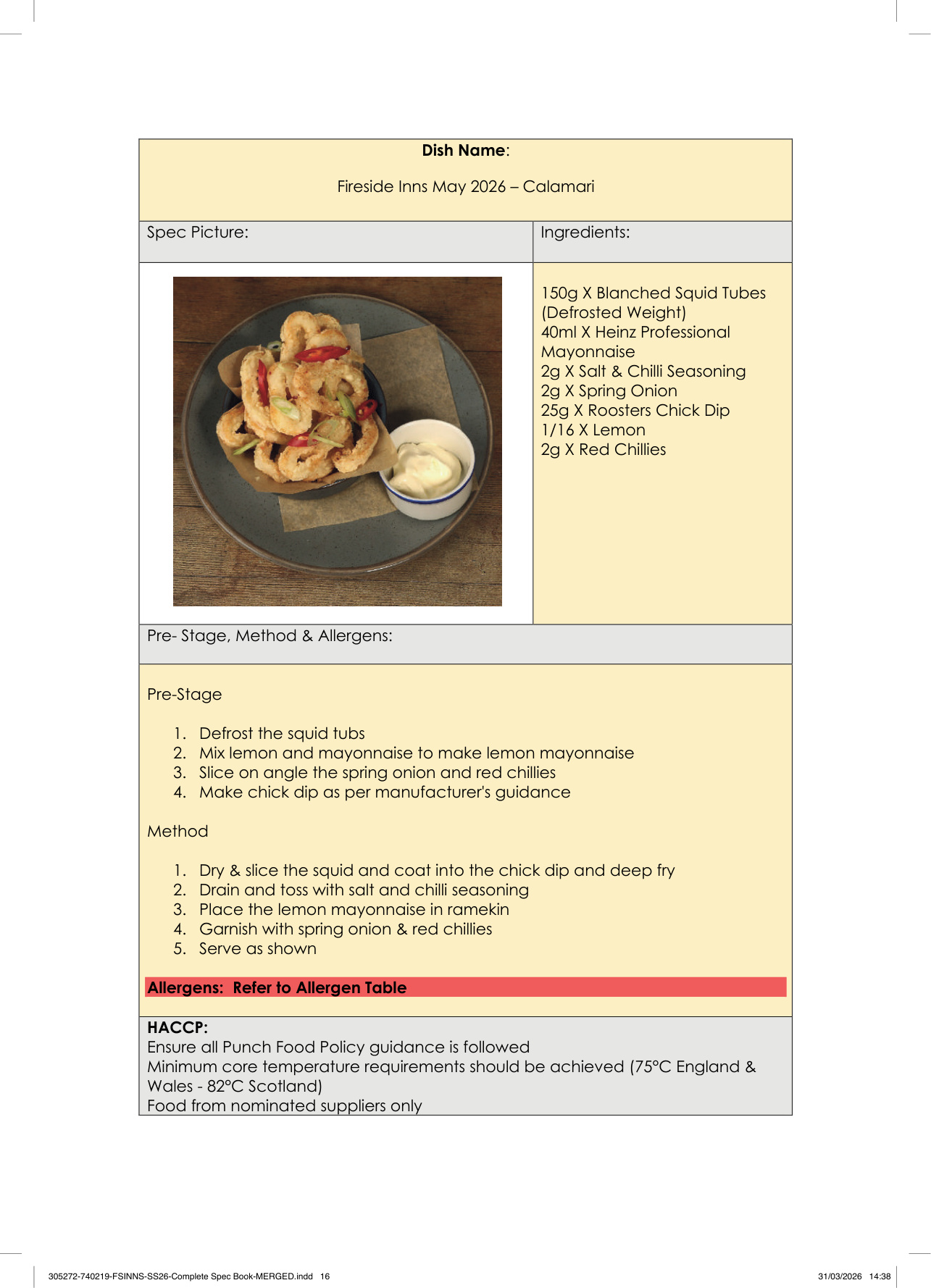 Calamari spec sheet