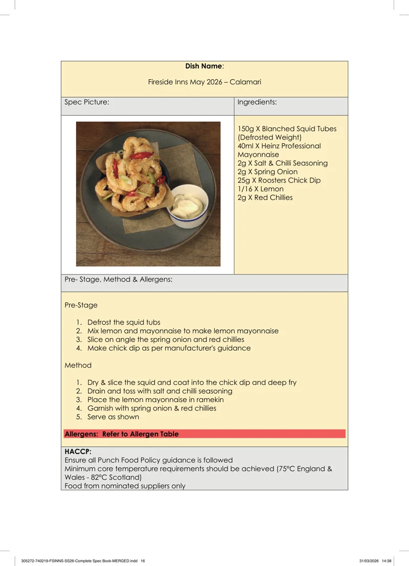 Calamari spec sheet