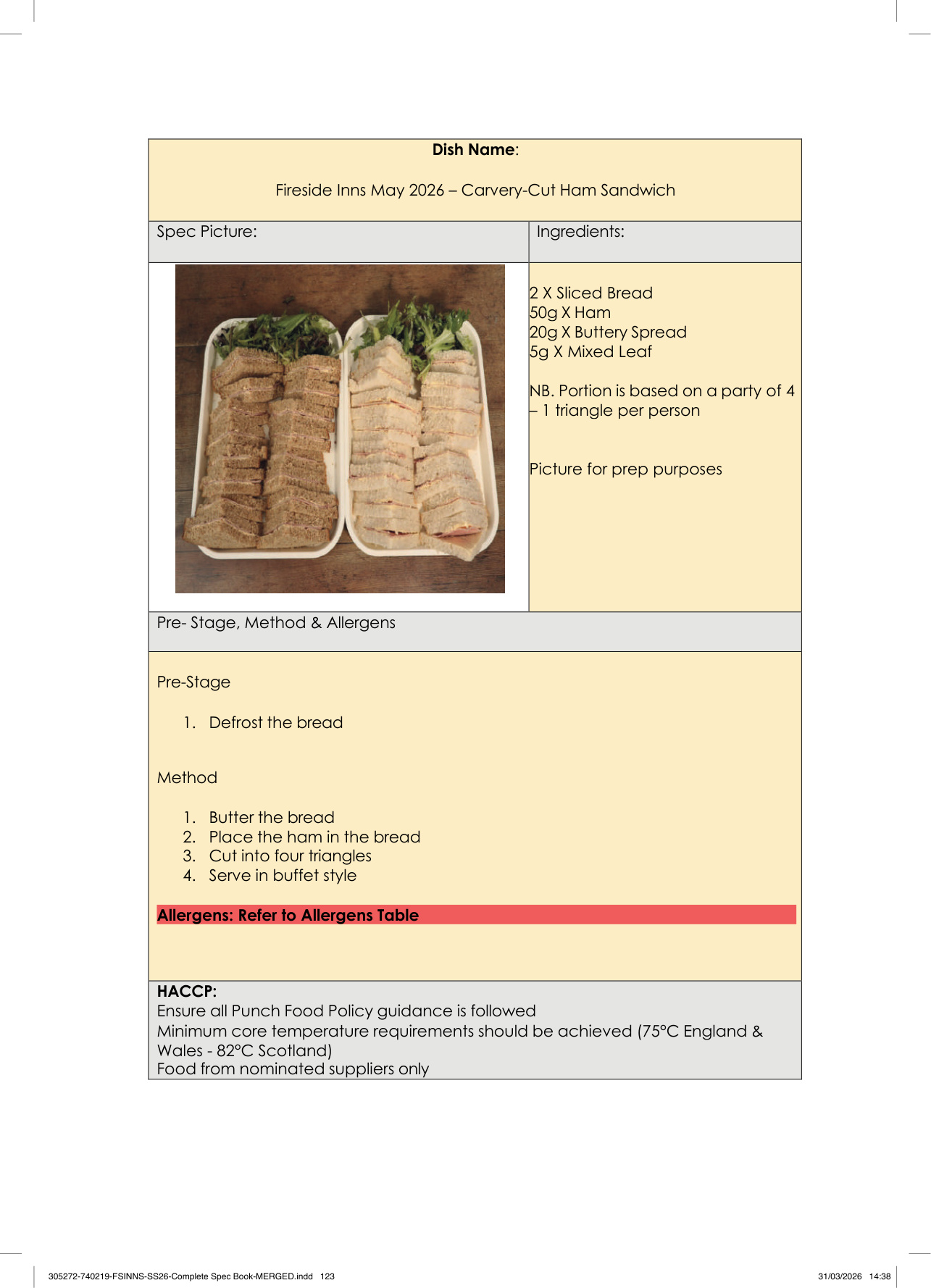 Carvery-Cut Ham Sandwich spec sheet