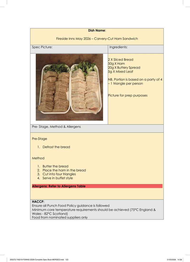 Carvery-Cut Ham Sandwich spec sheet