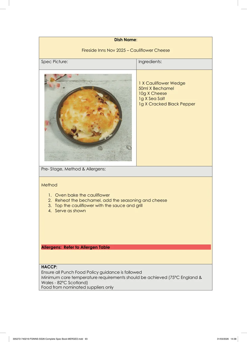 Cauliflower Cheese spec sheet