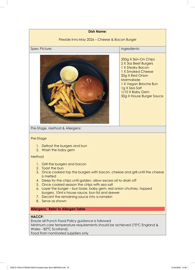 Cheese & Bacon Burger spec sheet