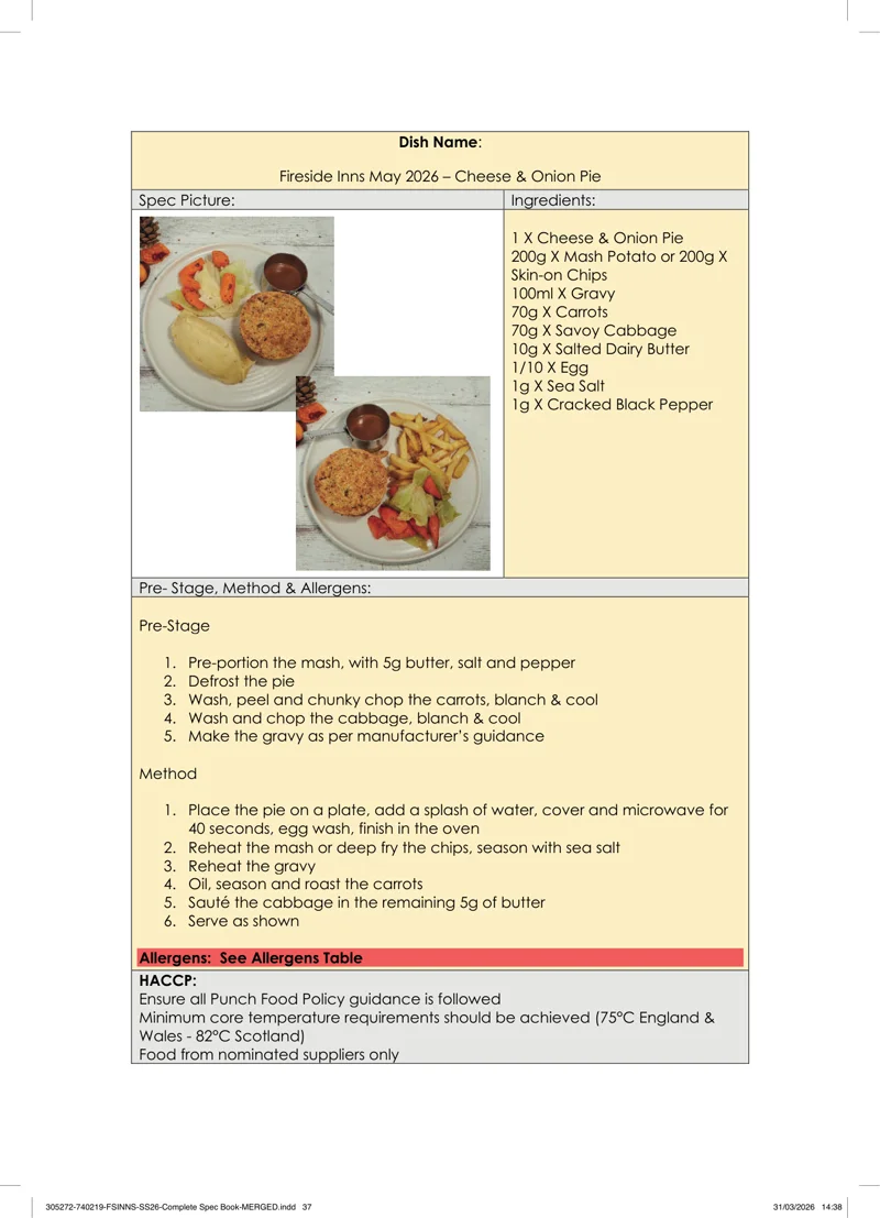 Cheese & Onion Pie spec sheet