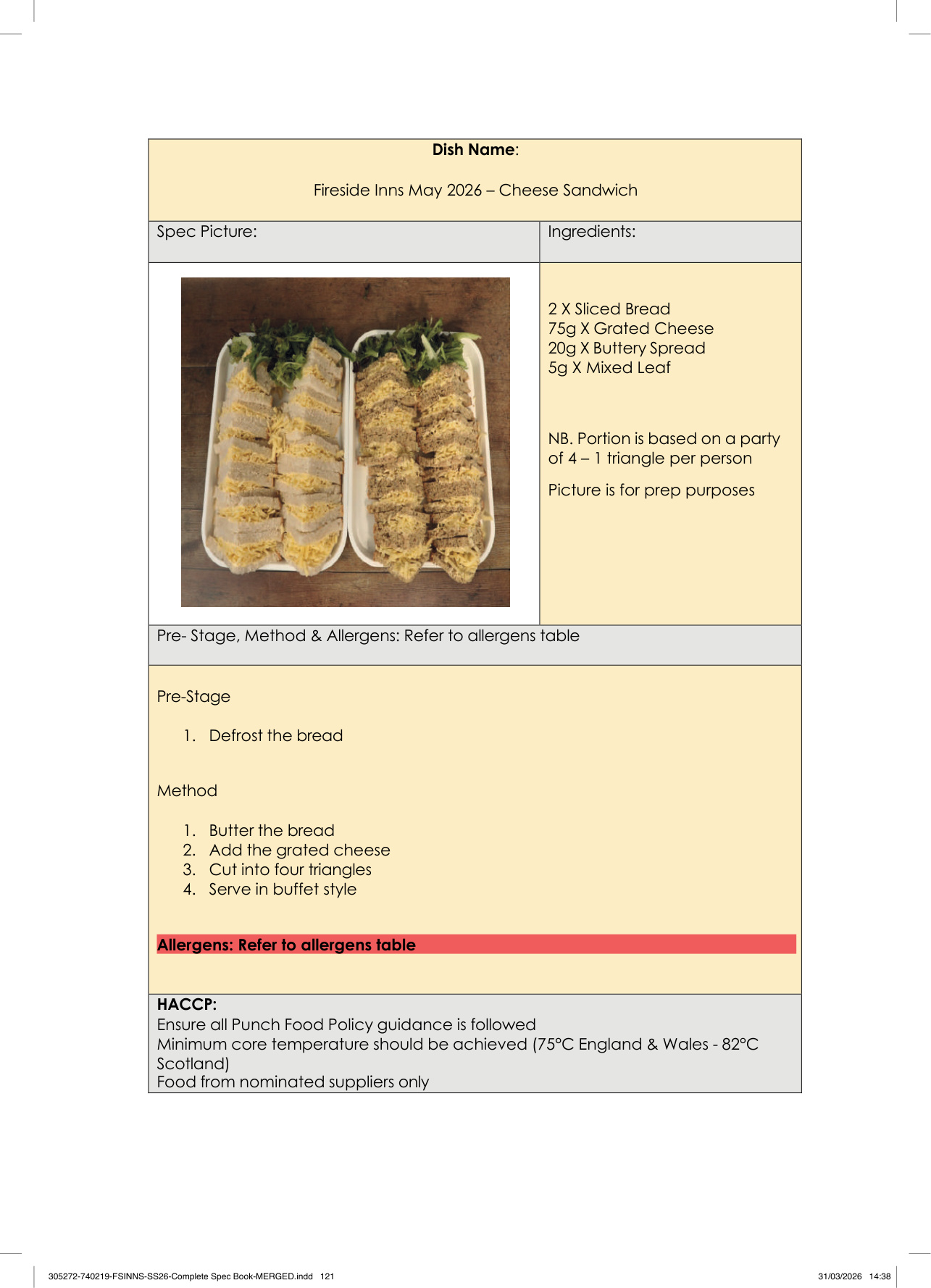 Cheese Sandwich spec sheet