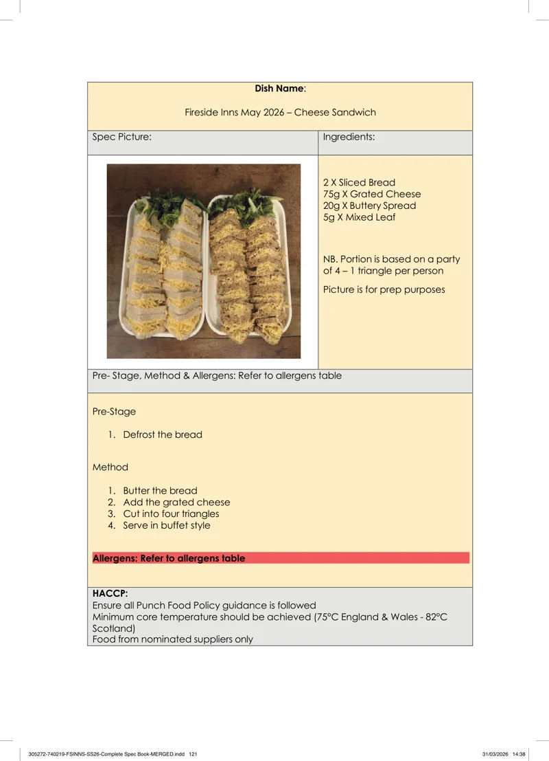 Cheese Sandwich spec sheet