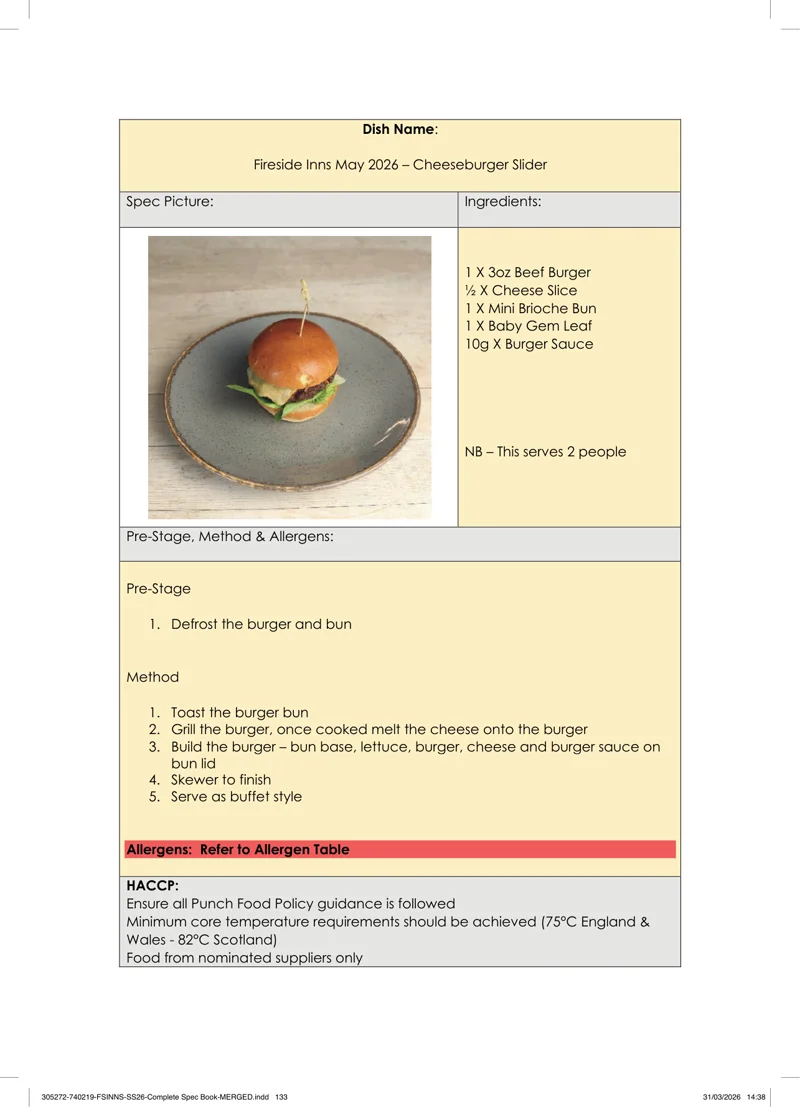 Cheeseburger Slider spec sheet