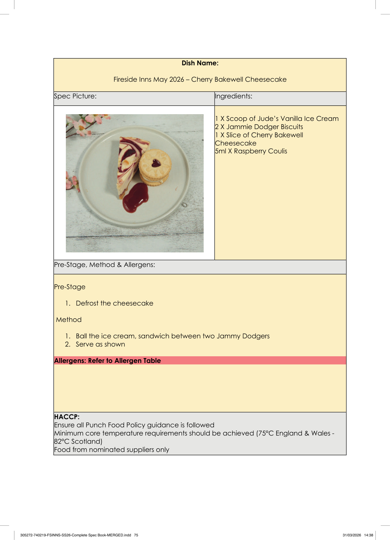 Cherry Bakewell Cheesecake spec sheet