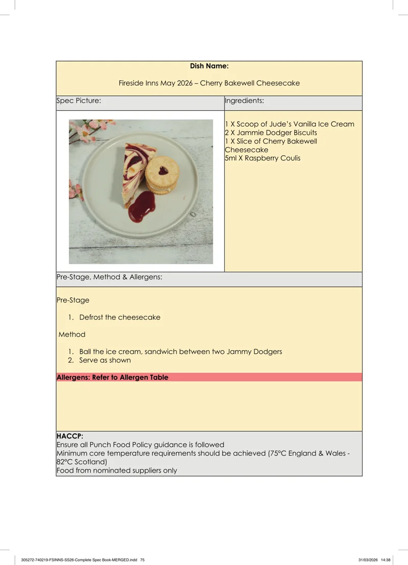 Cherry Bakewell Cheesecake spec sheet