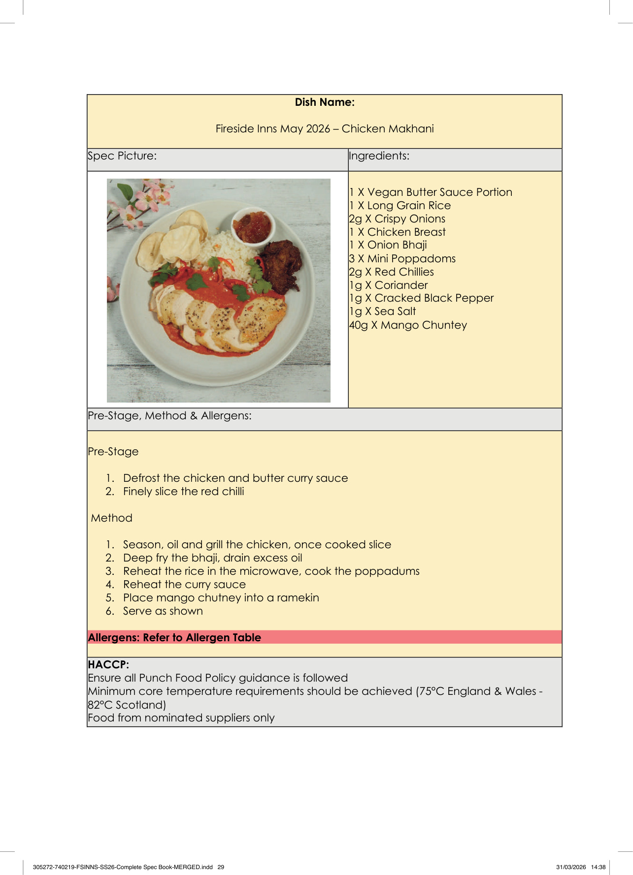 Chicken Makhani spec sheet