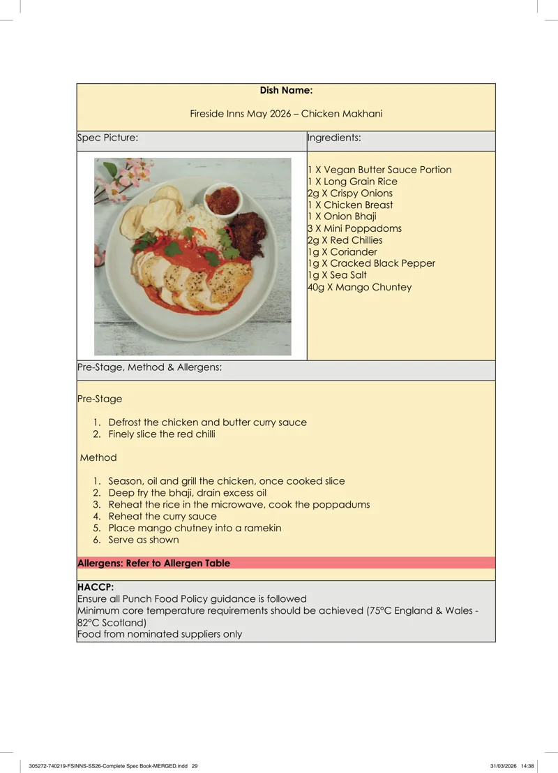 Chicken Makhani spec sheet