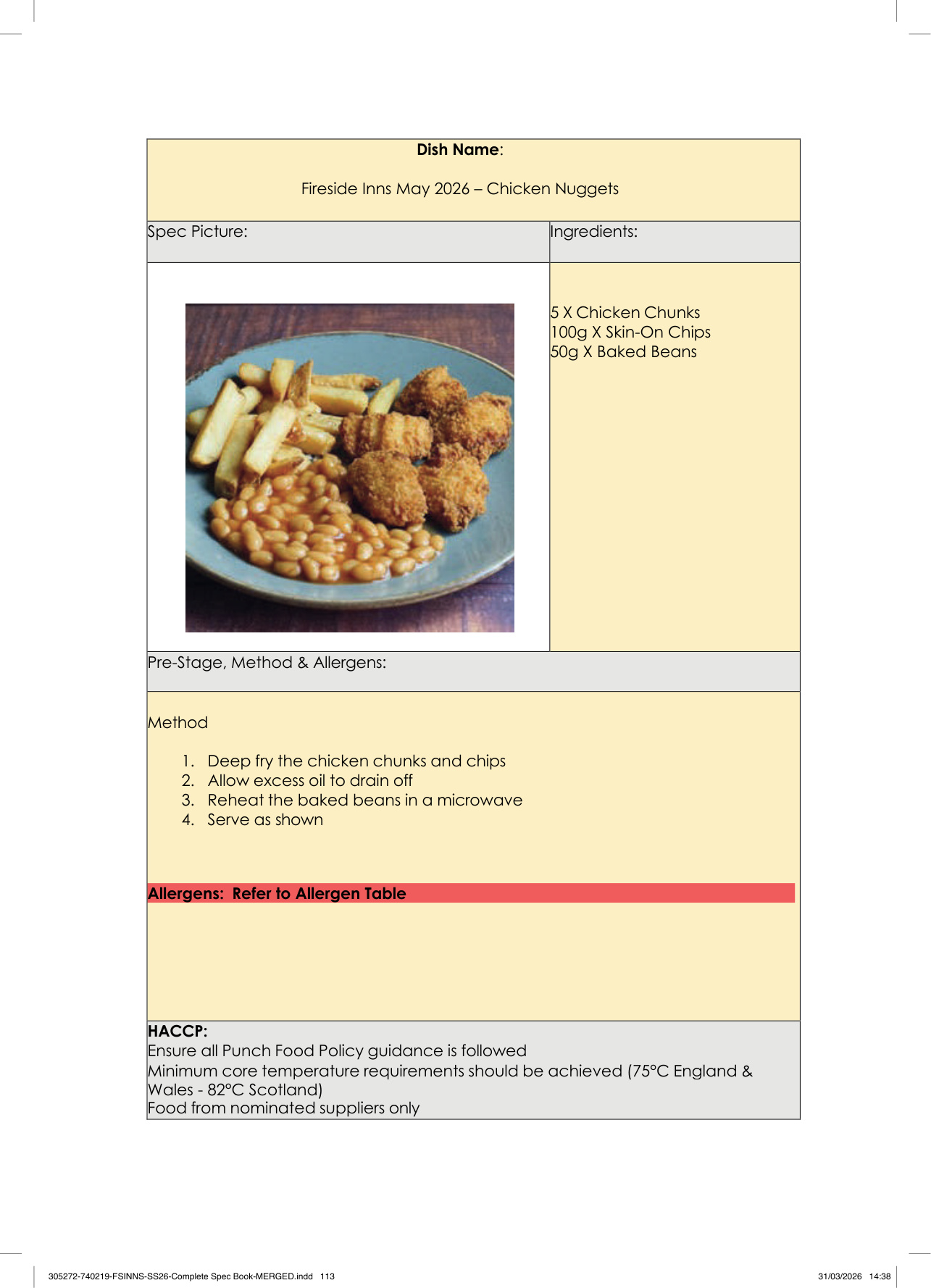 Chicken Nuggets spec sheet