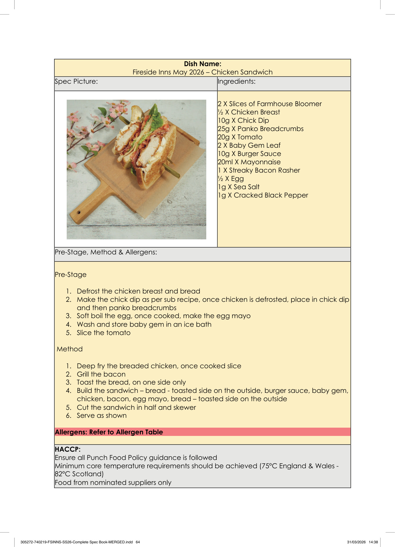 Chicken Sandwich spec sheet