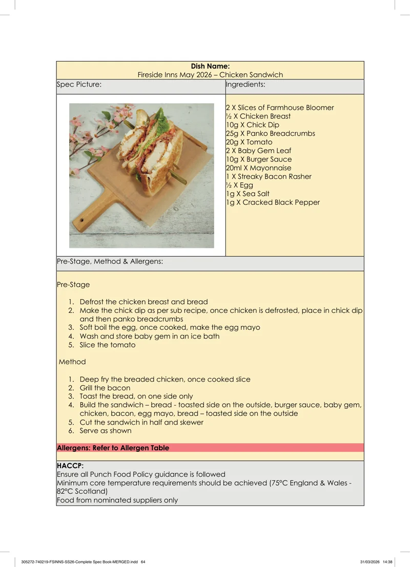 Chicken Sandwich spec sheet