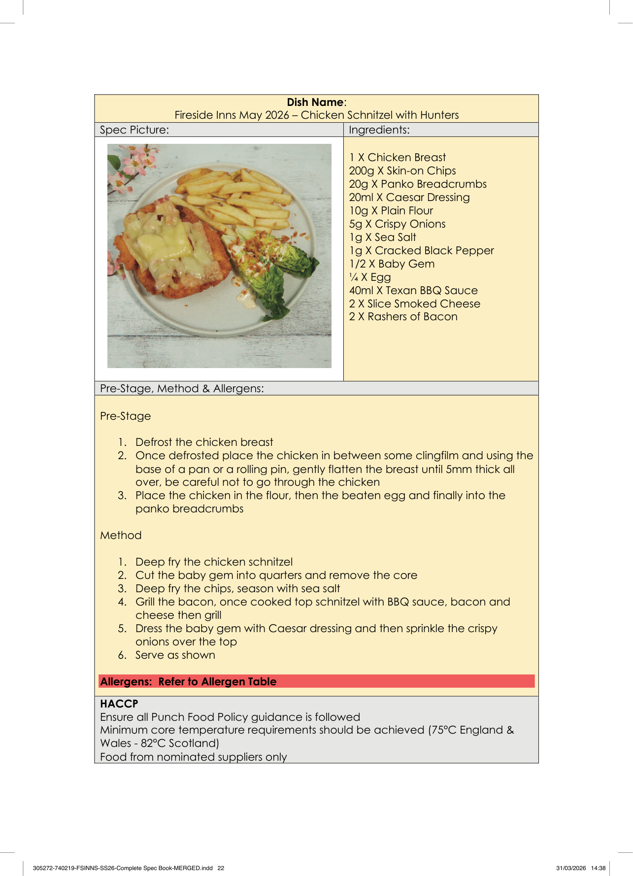 Chicken Schnitzel with Hunters spec sheet