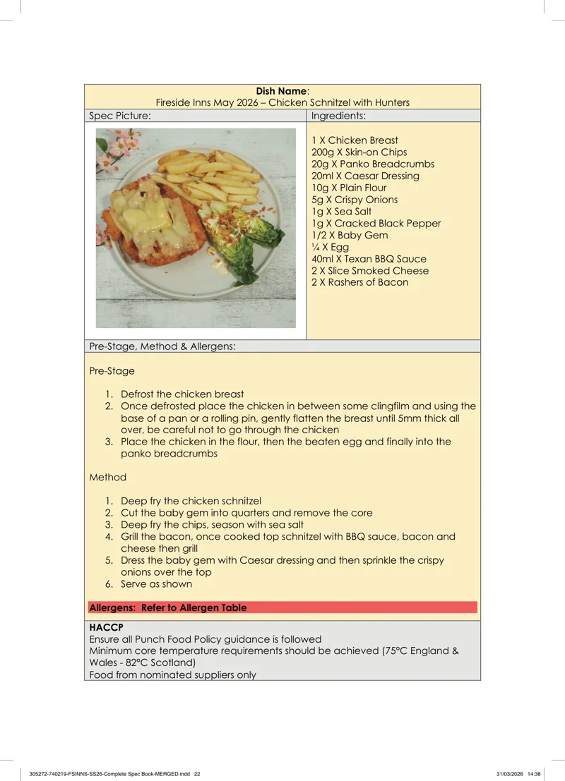 Chicken Schnitzel with Hunters spec sheet