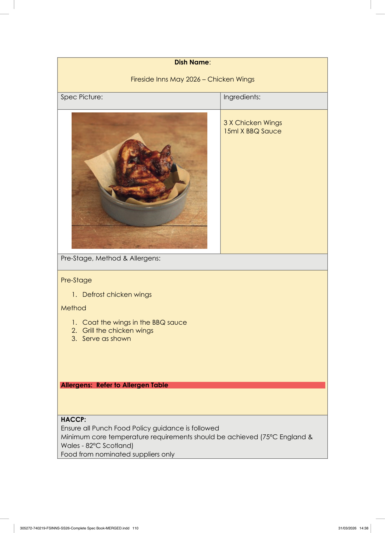 Chicken Wings spec sheet
