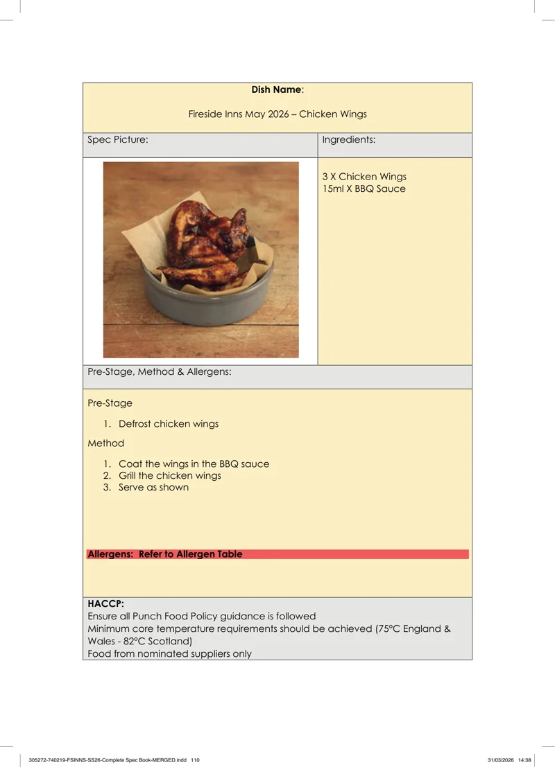 Chicken Wings spec sheet