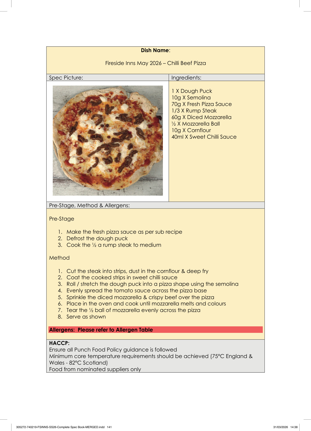Chilli Beef Pizza spec sheet