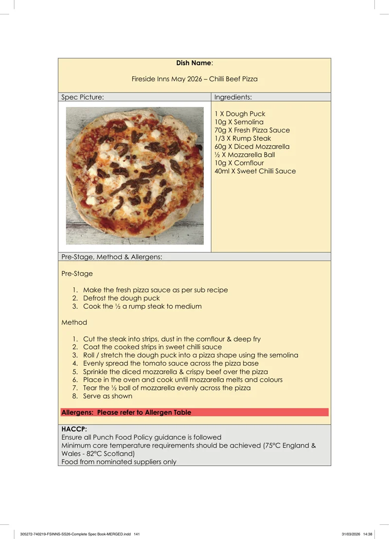 Chilli Beef Pizza spec sheet