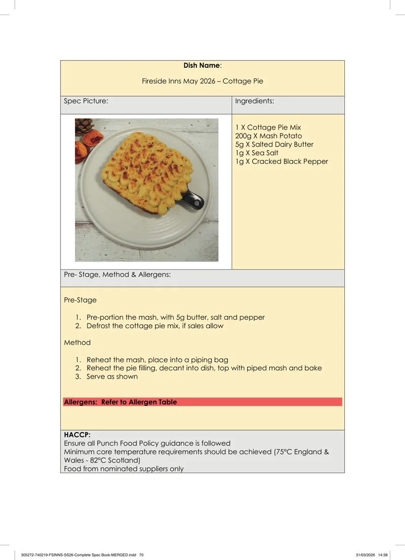 Cottage Pie spec sheet