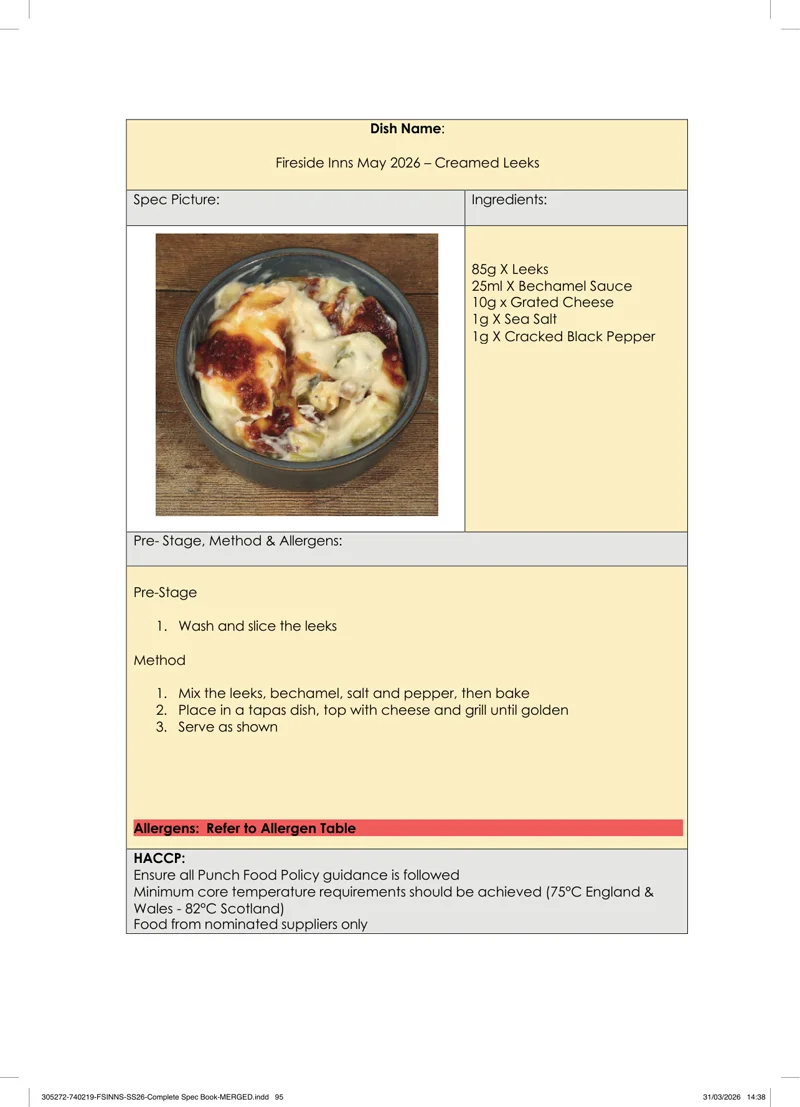 Creamed Leeks spec sheet