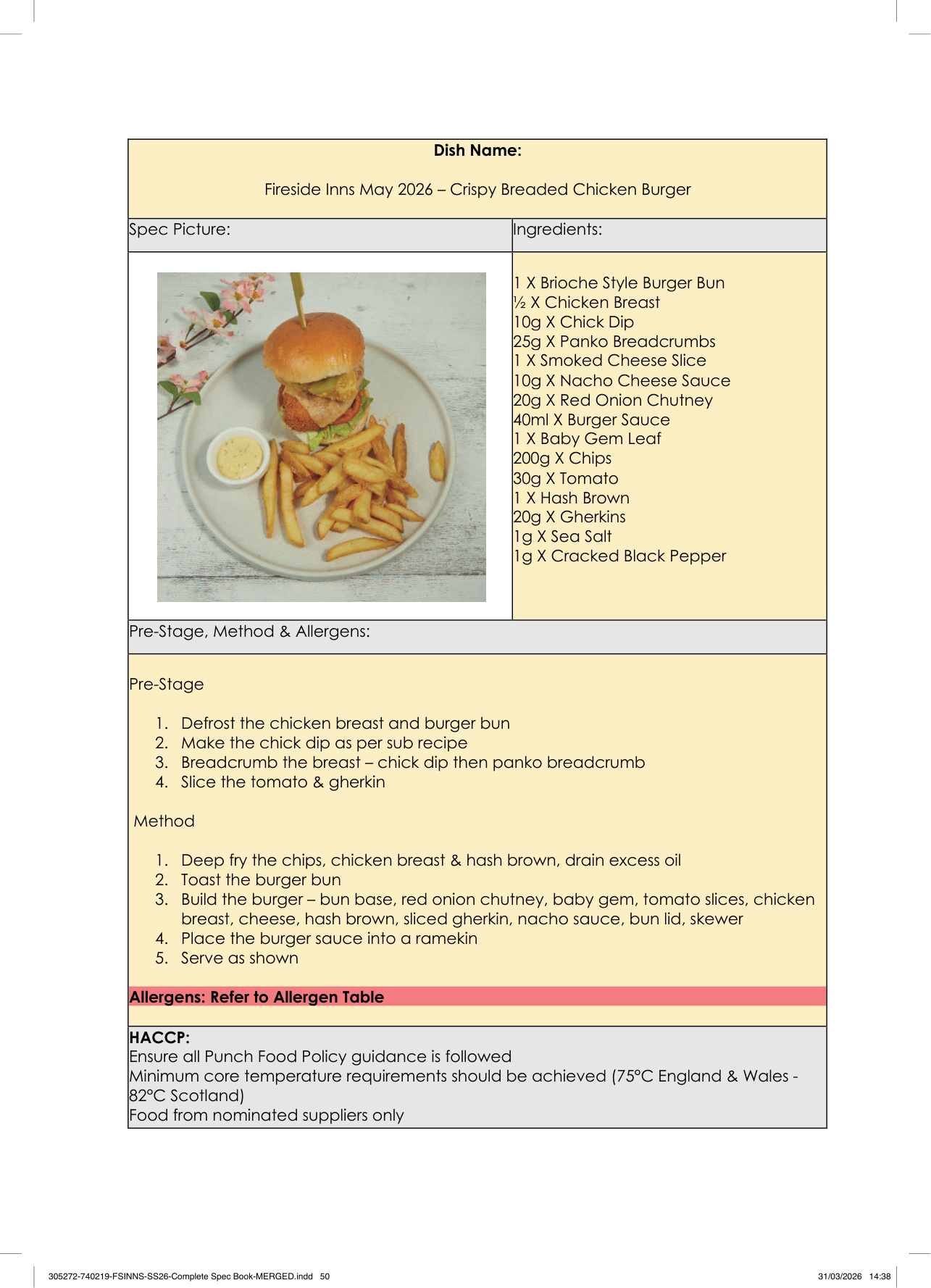 Crispy Breaded Chicken Burger spec sheet