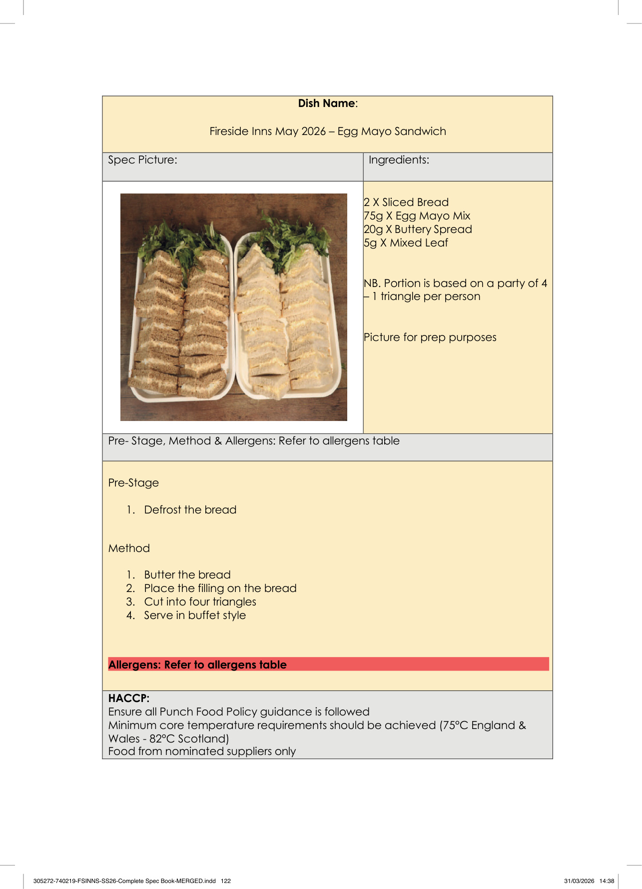 Egg Mayo Sandwich spec sheet