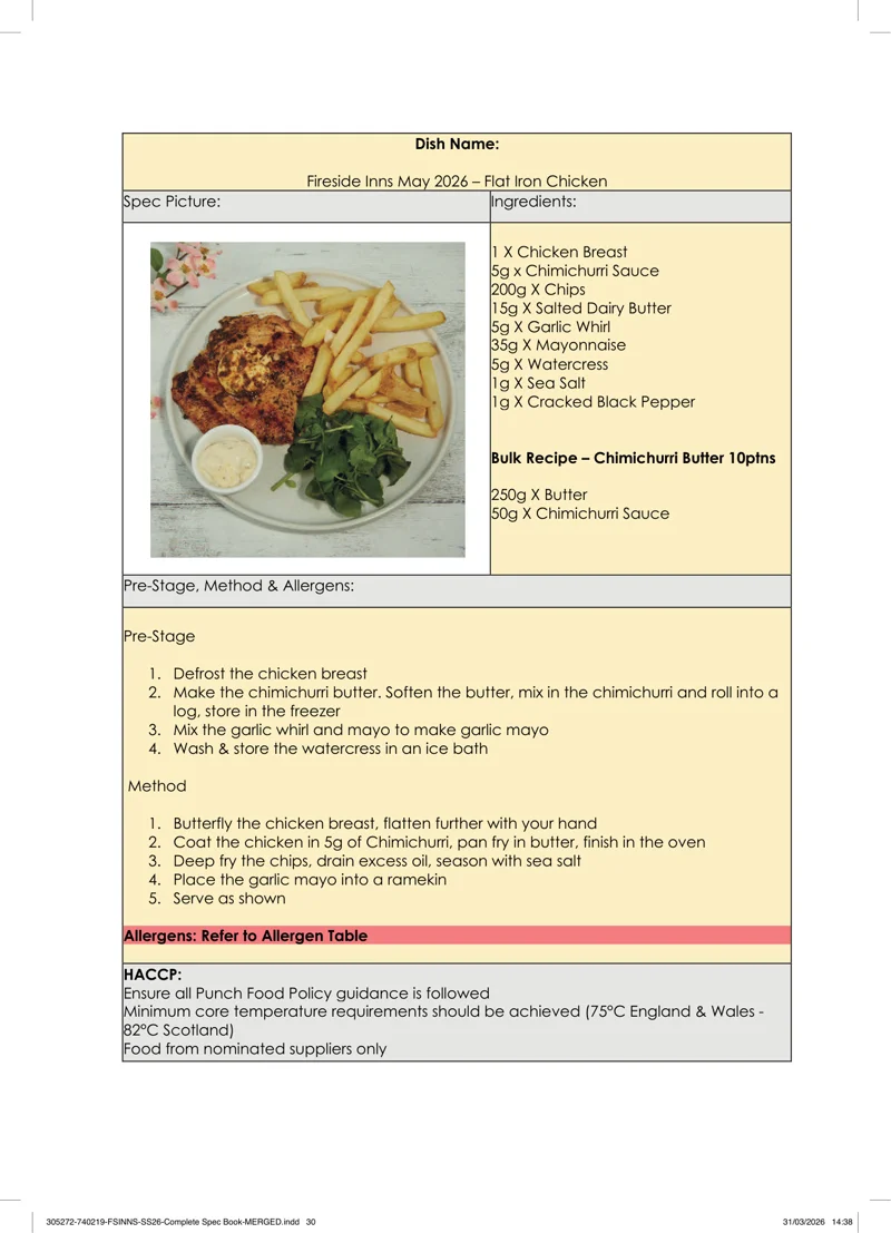 Flat Iron Chicken spec sheet