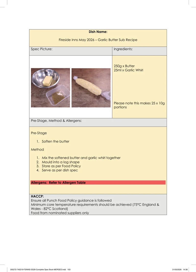 Garlic Butter Sub Recipe spec sheet