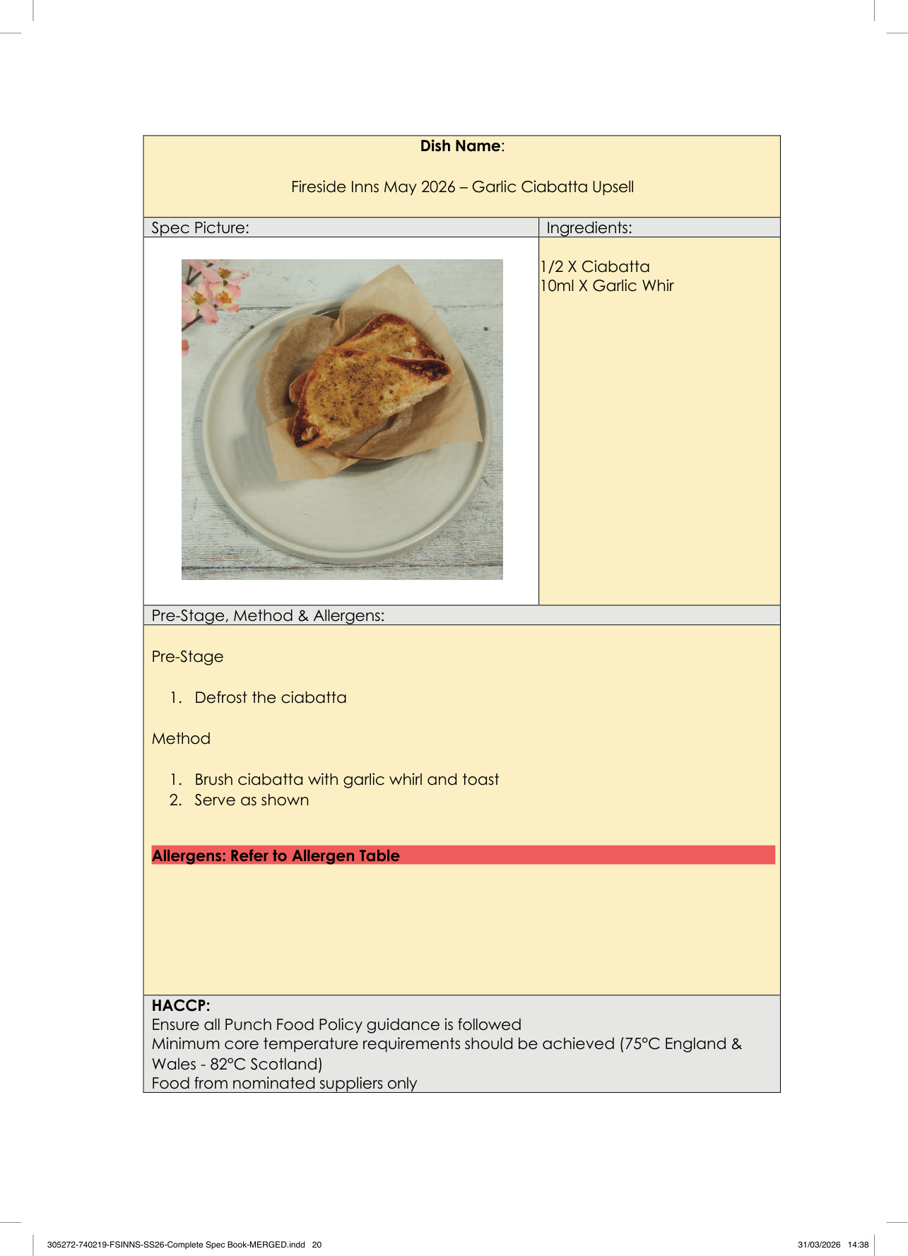 Garlic Ciabatta Upsell spec sheet