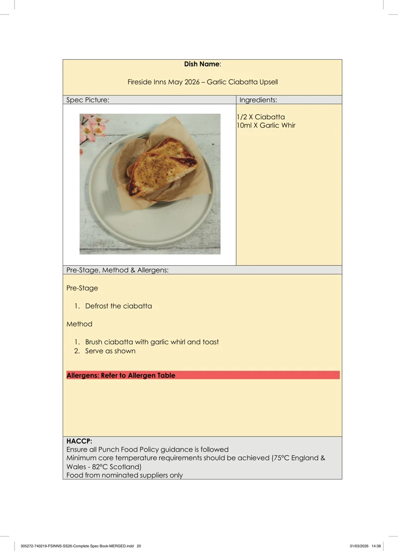 Garlic Ciabatta Upsell spec sheet