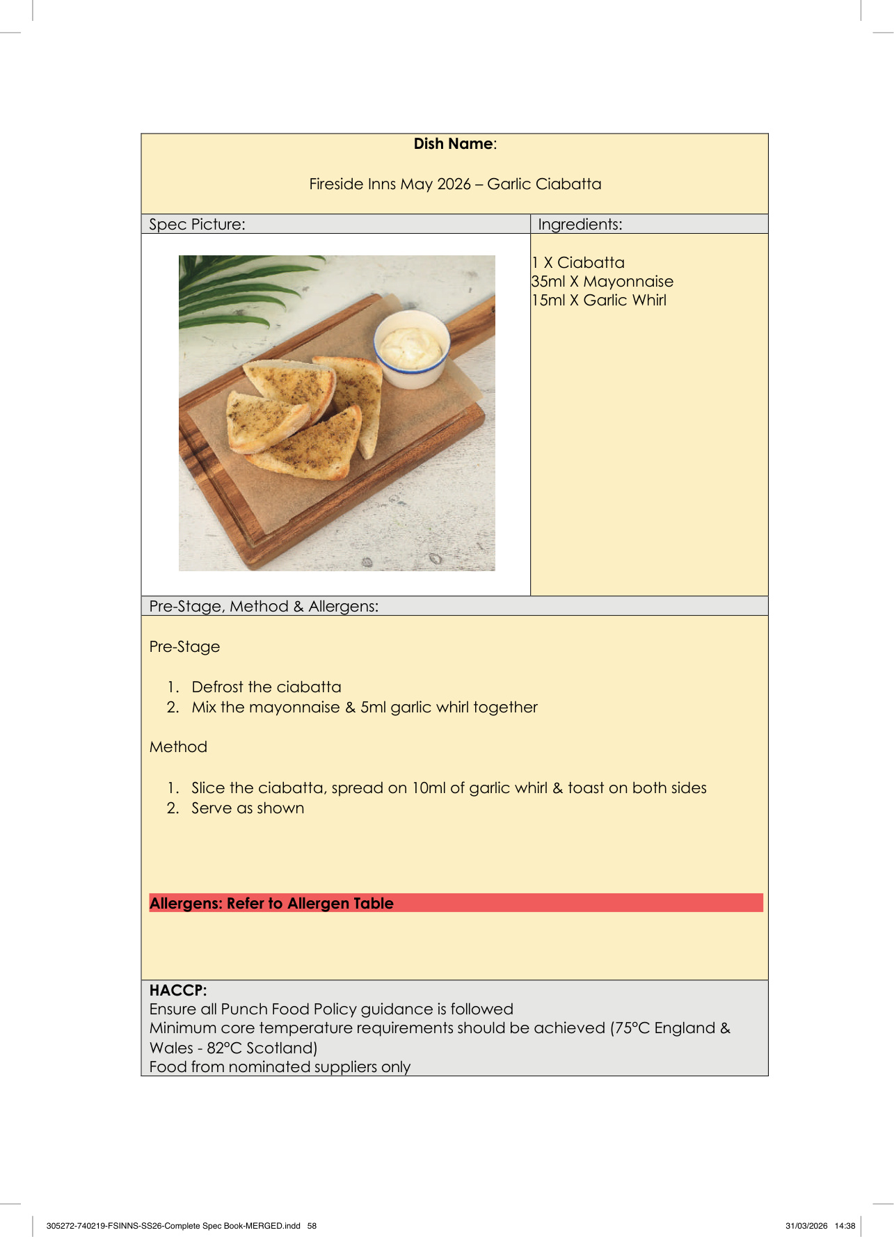 Garlic Ciabatta spec sheet