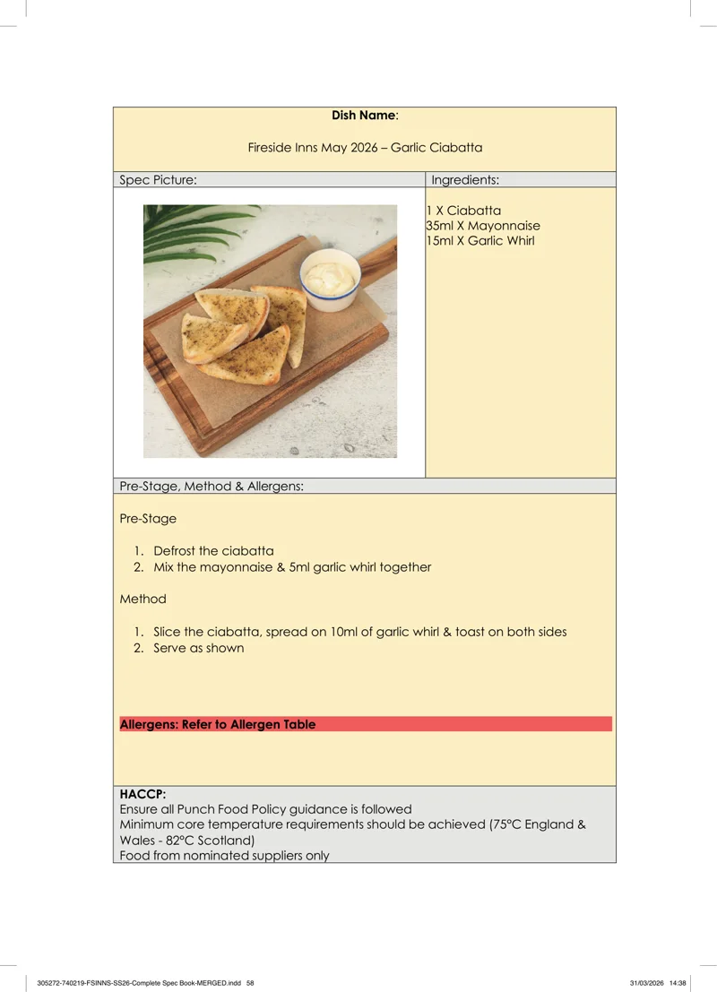 Garlic Ciabatta spec sheet