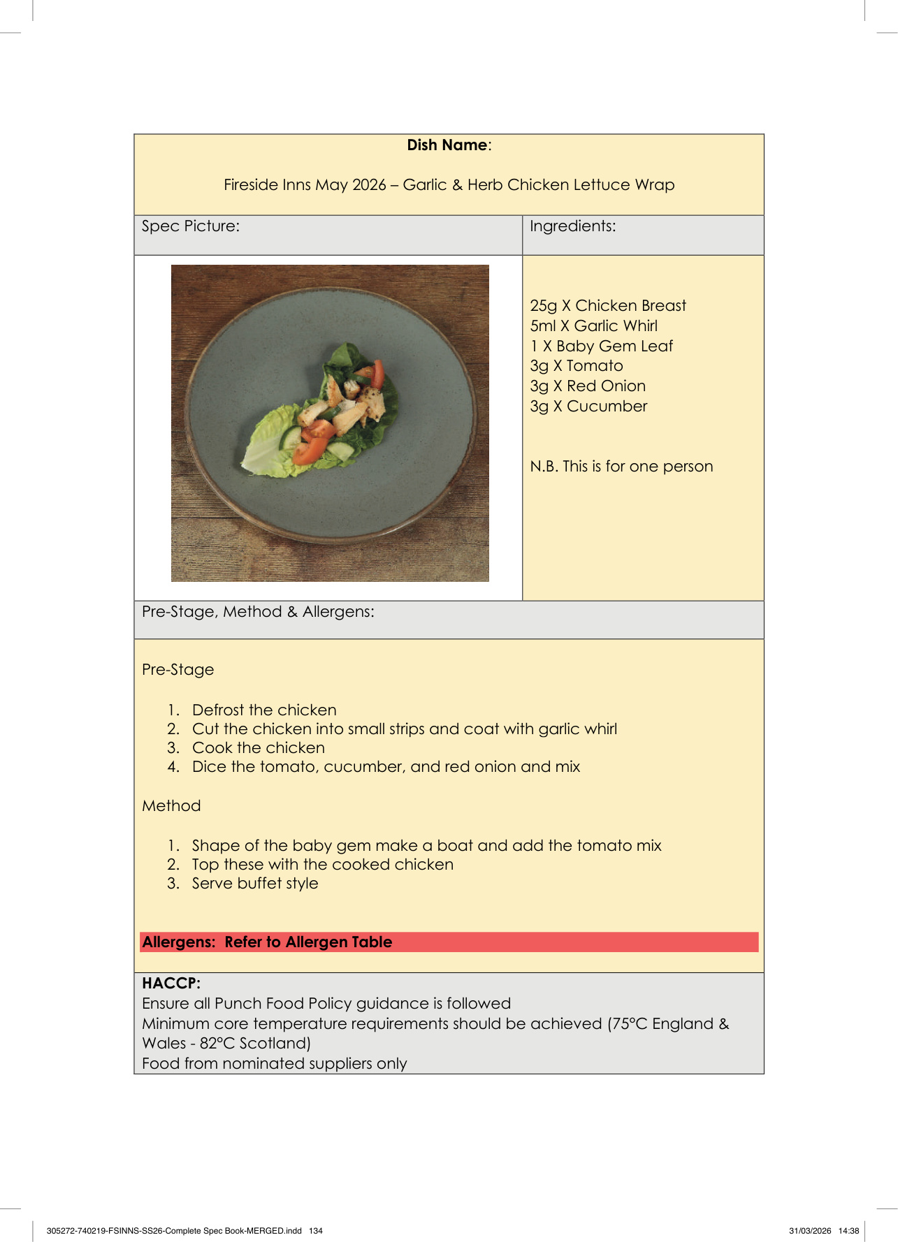 Garlic & Herb Chicken Lettuce Wrap spec sheet