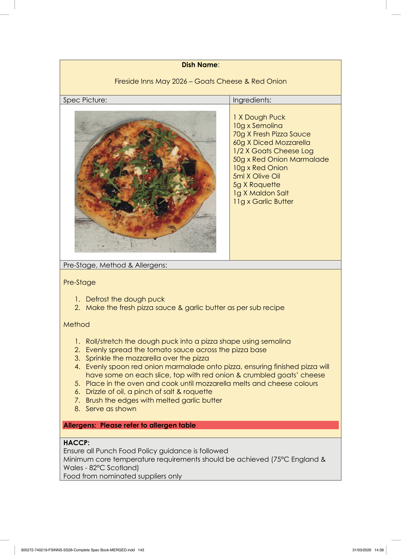 Goats Cheese & Red Onion spec sheet