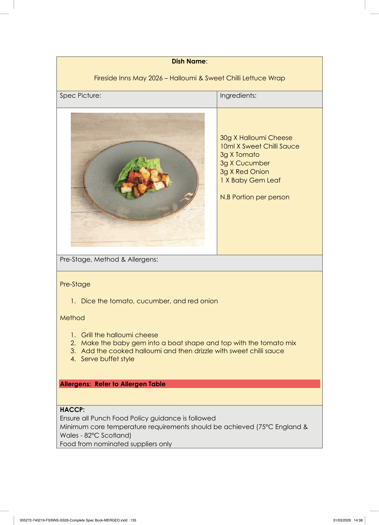 Halloumi & Sweet Chilli Lettuce Wrap spec sheet