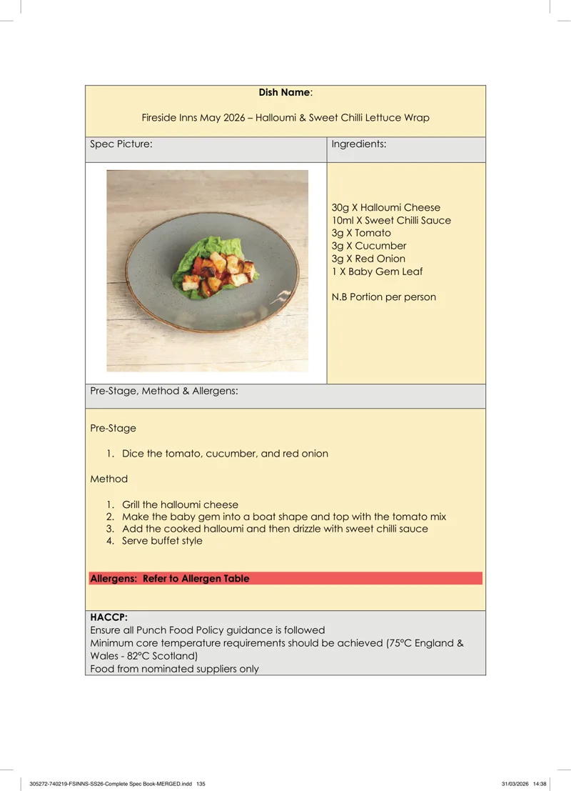 Halloumi & Sweet Chilli Lettuce Wrap spec sheet
