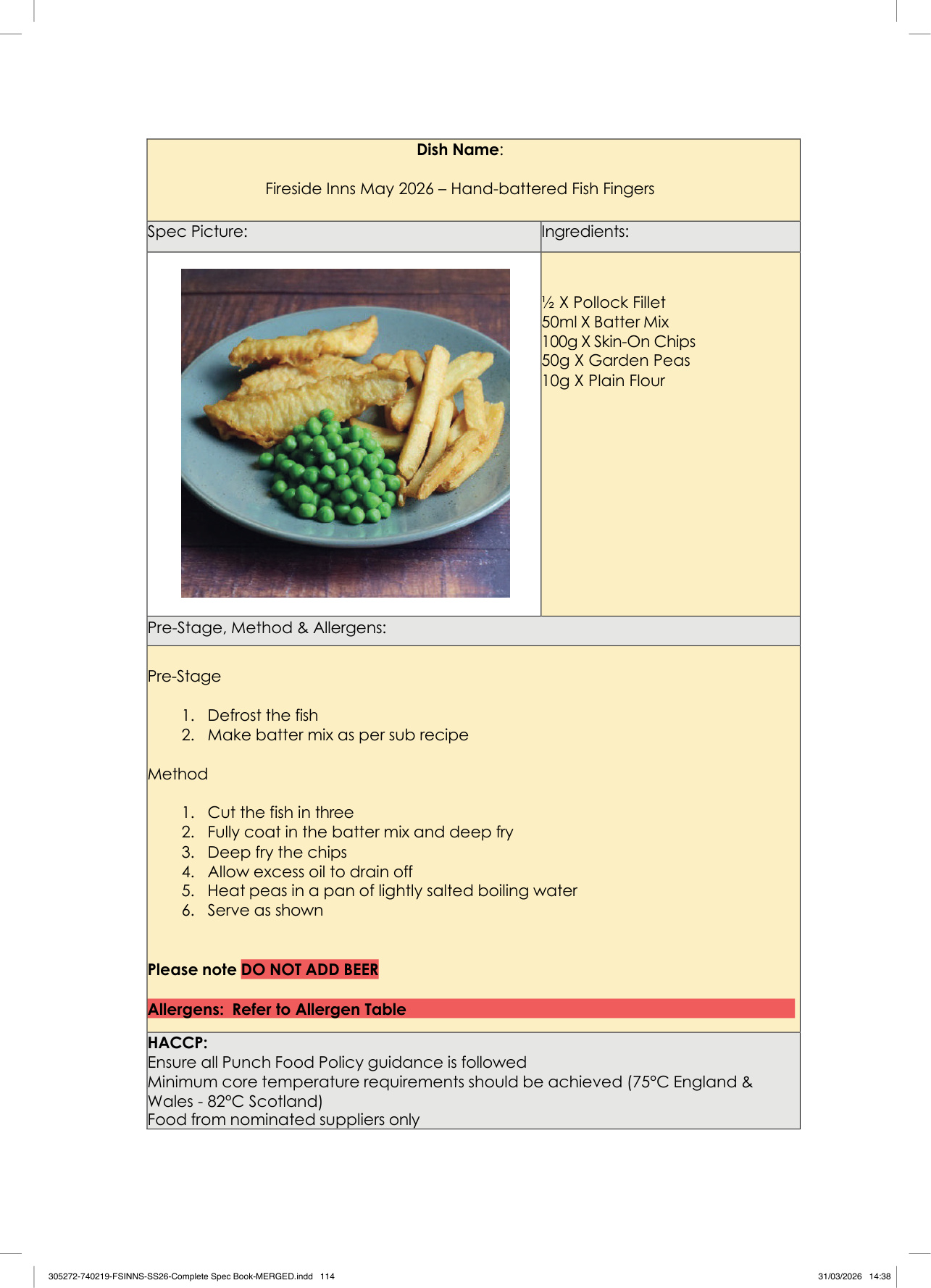 Hand-battered Fish Fingers spec sheet